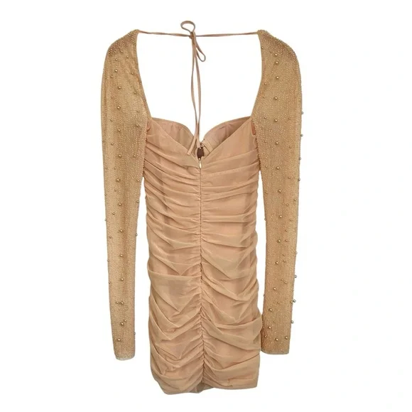 Oh Polly St. Germain Ruched Embellished Beaded Long Sleeve Mini Dress Sz 6 Beige - Picture 5 of 12